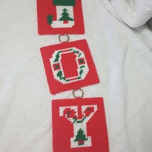 Joy Needlepoint Festive Holiday Retro Wall Hanging VTG Handmade Christmas Decor